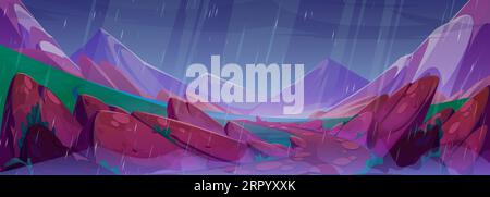 Rainy weather in mountains with valley river. Vector cartoon illustration of rainfall pouring from gloomy cloudy sky, puddles and water streams on sto Stock Vector