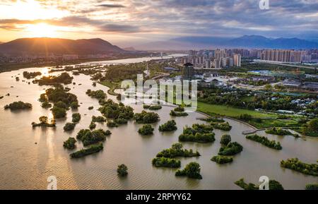 200719 -- BEIJING, July 19, 2020 -- Aerial photo taken on July 17, 2020 shows a view of Hanjiang wetland in Hanzhong City, northwest China s Shaanxi Province.  XINHUA PHOTOS OF THE DAY TaoxMing PUBLICATIONxNOTxINxCHN Stock Photo