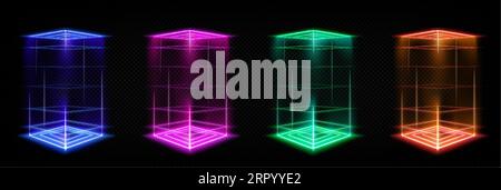 Set of square hologram portals with color light effect. Vector realistic illustration of futuristic game podiums with glowing laser beams, neon color Stock Vector