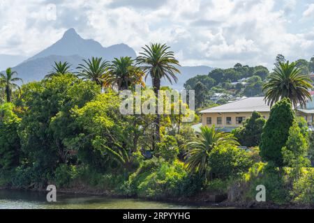 View of Mount Warning aka Wollumbin from the bridge over the Tweed River at Murwillumbah in northern New South Wales, Australia Stock Photo