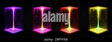 3d hologram square neon light effect game portal. Technology metaverse cube stage frame for scifi teleport concept in pink, yellow, purple and red. Ab Stock Vector