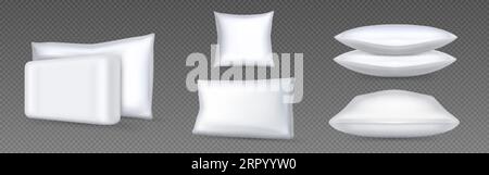 White pillows for sleeping and relaxing. Realistic vector mockups of square and rectangular cushions single and in stack, side and top views - soft co Stock Vector