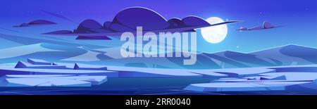 Winter night landscape with lake and ice, snowy mountains and big moon, stars and clouds in sky - cartoon vector illustration. Horizontal background i Stock Vector