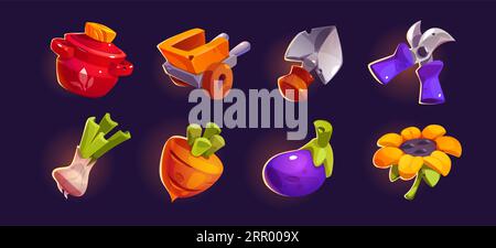 Ui farm game icon set o gardening tool and vegetable. Isolated cartoon vector food element collection with shovel and secateurs farmer equipment. Glos Stock Vector