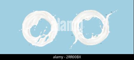Realistic set of milk splash circles isolated on blue background. Vector illustration of yogurt splatter, round swirl of creamy liquid substance with Stock Vector