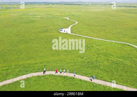 200722 -- ZHENGLAN BANNER, July 22, 2020 -- Aerial photo taken on July 22, 2020 shows people visiting the Jinlianchuan Pasture in Zhenglan Banner of Xilingol League, north China s Inner Mongolia Autonomous Region.  CHINA-INNER MONGOLIA-XILINGOL LEAGUE-PASTURE CN XuxQin PUBLICATIONxNOTxINxCHN Stock Photo