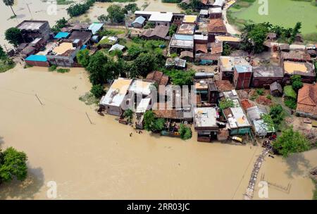 200726 -- BIHAR INDIA, July 26, 2020 -- Photo taken on July 26, 2020 shows an aerial view of the flood-affected village in Darbhanga district, India s eastern state of Bihar. At least 10 people were killed and nearly 1.5 million people were affected by floods in 11 districts in India s eastern state of Bihar, the state disaster management department said in a bulletin on Sunday. Str/Xinhua INDIA-BIHAR-FLOODS ParthaxSarkar PUBLICATIONxNOTxINxCHN Stock Photo