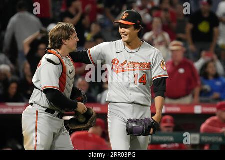 Baltimore Orioles relief pitcher Shintaro Fujinami, left, reacts with  catcher Adley Rutschman, right, during the baseball game against the  Philadelphia Phillies, Tuesday, July 25, 2023, in Philadelphia. The  Phillies won 4-3. (AP