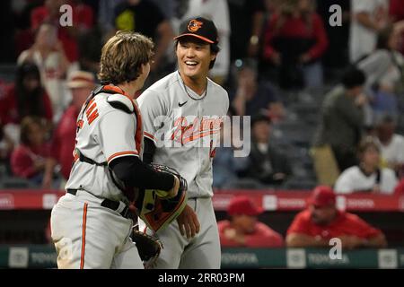 Baltimore Orioles relief pitcher Shintaro Fujinami, left, reacts with  catcher Adley Rutschman, right, during the baseball game against the  Philadelphia Phillies, Tuesday, July 25, 2023, in Philadelphia. The  Phillies won 4-3. (AP