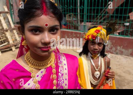 Narayanganj, Dhaka, Bangladesh. 6th Sep, 2023. Children dressed in costumes of Hindu deity Lord Krishna and his mythological accomplices during celebrations for the ''Janmashtami'' festival, which marks the birth of the Hindu God Lord Krishna in Narayanganj, Bangladesh. Lord Krishna, the eighth of the ten incarnations of the Hindu God Lord Vishnu, who is considered the Preserver of the Universe, is one of Hinduism's most popular gods. According to Hindu belief on this promising day, Lord Krishna descended into this world some 5,500 years ago to establish love, truth, and justice. (Credit I Stock Photo