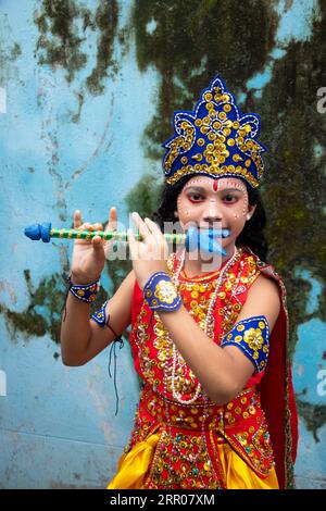 Narayanganj, Dhaka, Bangladesh. 6th Sep, 2023. Children dressed in costumes of Hindu deity Lord Krishna and his mythological accomplices during celebrations for the ''Janmashtami'' festival, which marks the birth of the Hindu God Lord Krishna in Narayanganj, Bangladesh. Lord Krishna, the eighth of the ten incarnations of the Hindu God Lord Vishnu, who is considered the Preserver of the Universe, is one of Hinduism's most popular gods. According to Hindu belief on this promising day, Lord Krishna descended into this world some 5,500 years ago to establish love, truth, and justice. (Credit I Stock Photo