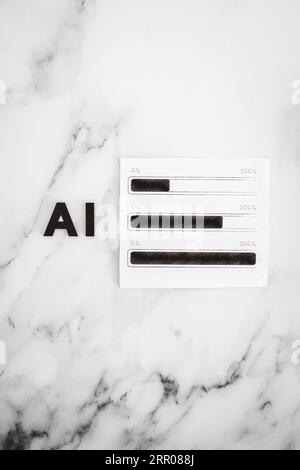 AI text made of wooden letters next to progress bar loading, concept of technology growing and improving (image NOT created with AI) Stock Photo