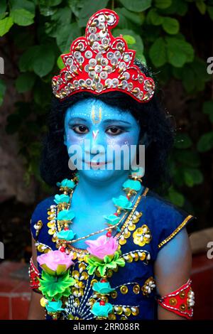 Narayanganj, Dhaka, Bangladesh. 6th Sep, 2023. Children dressed in costumes of Hindu deity Lord Krishna and his mythological accomplices during celebrations for the ''Janmashtami'' festival, which marks the birth of the Hindu God Lord Krishna in Narayanganj, Bangladesh. Lord Krishna, the eighth of the ten incarnations of the Hindu God Lord Vishnu, who is considered the Preserver of the Universe, is one of Hinduism's most popular gods. According to Hindu belief on this promising day, Lord Krishna descended into this world some 5,500 years ago to establish love, truth, and justice. (Credit I Stock Photo