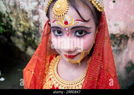 Narayanganj, Dhaka, Bangladesh. 6th Sep, 2023. Children dressed in costumes of Hindu deity Lord Krishna and his mythological accomplices during celebrations for the ''Janmashtami'' festival, which marks the birth of the Hindu God Lord Krishna in Narayanganj, Bangladesh. Lord Krishna, the eighth of the ten incarnations of the Hindu God Lord Vishnu, who is considered the Preserver of the Universe, is one of Hinduism's most popular gods. According to Hindu belief on this promising day, Lord Krishna descended into this world some 5,500 years ago to establish love, truth, and justice. (Credit I Stock Photo