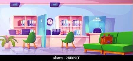Bank office interior with furniture. Vector cartoon illustration of large waiting room with couch, electronic queue displays on ceiling above desks and chairs, folders on shelves, cash desk window Stock Vector