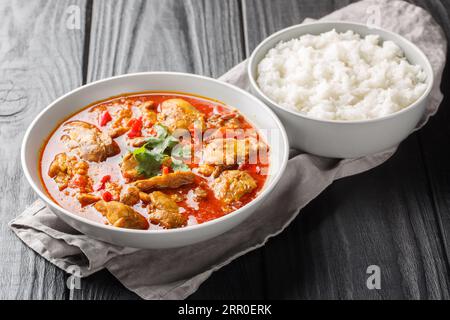 Homemade chicken curry in red spicy sauce served with jasmine rice close-up in a bowl on the table. Horizontal Stock Photo