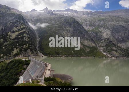 View of Lake Räterichsboden  (Räterichsbodensee) in Guttannen, Oberhasli, Switzerland. Situated near the famous Grimsel pass, the water levels are con Stock Photo