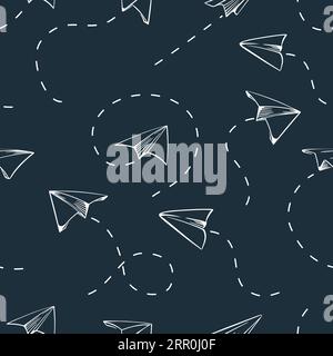 seamless pattern sketch style chalk drawn airplanes in white on a blue background vector Stock Vector