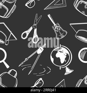 seamless pattern sketch style chalk school supplies white color on dark background vector Stock Vector