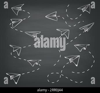 Set Airplanes drawn in sketch with chalk on the background of the blackboard. Paper plane aircraft doodle. With copy space in the center hand drawn. V Stock Vector