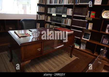 200816 -- CAIRO, Aug. 16, 2020 -- The desk of Egyptian novelist and Noble Prize Laureate Naguib Mahfouz is displayed at the Naguib Mahfouz Museum in Cairo, Egypt, on Aug. 13, 2020. In an ancient redeveloped two-floor building dating back to 1774, Naguib Mahfouz Museum and Creativity Center is located in the heart of Cairo, just near monumental Al-Azhar Mosque, to commemorate the life and works of Egypt s Nobel laureate novelist who died in August 2006.  TO GO WITH Feature: Naguib Mahfouz museum sheds light on biography, works of Egypt s Nobel laureate novelist EGYPT-CAIRO-NAGUIB MAHFOUZ MUSEUM Stock Photo