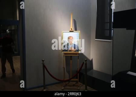 200816 -- CAIRO, Aug. 16, 2020 -- A portrait of Egyptian novelist and Noble Prize Laureate Naguib Mahfouz is seen at the Naguib Mahfouz Museum in Cairo, Egypt, on Aug. 13, 2020. In an ancient redeveloped two-floor building dating back to 1774, Naguib Mahfouz Museum and Creativity Center is located in the heart of Cairo, just near monumental Al-Azhar Mosque, to commemorate the life and works of Egypt s Nobel laureate novelist who died in August 2006.  TO GO WITH Feature: Naguib Mahfouz museum sheds light on biography, works of Egypt s Nobel laureate novelist EGYPT-CAIRO-NAGUIB MAHFOUZ MUSEUM Ah Stock Photo