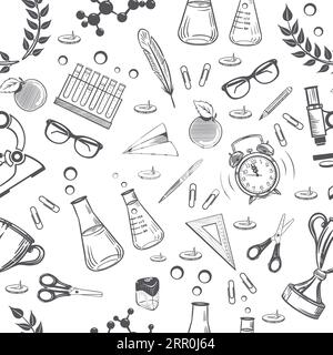 seamless pattern sketch style chalk school supplies in dark color on white background vector Stock Vector