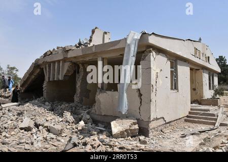 200825 -- MAZAR-I-SHARIF, Aug. 25, 2020 -- Photo taken on Aug. 25, 2020 shows a damaged building at the site of a blast in Balkh province, Afghanistan. Six people, including an assailant, were killed and 32 people wounded after a Taliban militants suicide truck bomb blast took place outside a special forces camp in northern Afghanistan s Balkh province on Tuesday, an army source confirmed. Photo by /Xinhua AFGHANISTAN-BALKH-TRUCK BOMB EXPLOSION KawaxBasharat PUBLICATIONxNOTxINxCHN Stock Photo