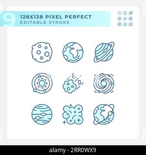Celestial bodies pixel perfect light blue icons Stock Vector