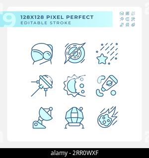 Space station pixel perfect light blue icons Stock Vector