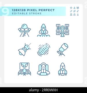 Science fiction pixel perfect light blue icons Stock Vector