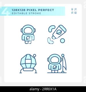 Moon mission pixel perfect light blue icons Stock Vector