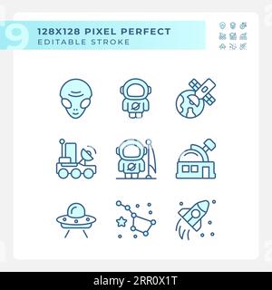 Space exploration pixel perfect light blue icons Stock Vector