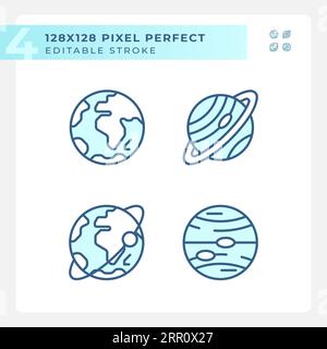 Planets pixel perfect light blue icons Stock Vector