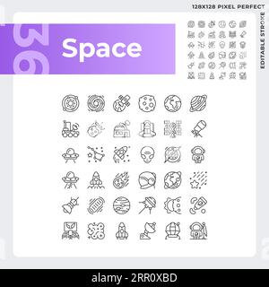 Space pixel perfect linear icons set Stock Vector