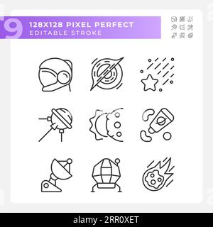 Space station pixel perfect linear icons set Stock Vector