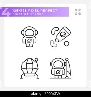 Moon mission pixel perfect linear icons set Stock Vector