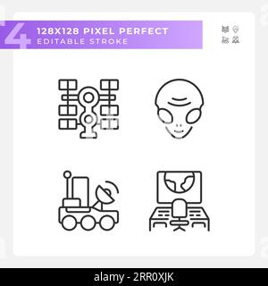 Sci fi pixel perfect linear icons set Stock Vector