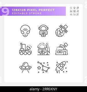 Space exploration pixel perfect linear icons set Stock Vector