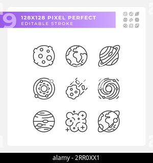 Celestial bodies pixel perfect linear icons set Stock Vector