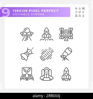 Science fiction pixel perfect linear icons set Stock Vector