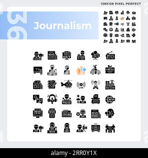 2D pixel perfect glyph style journalism icons set Stock Vector