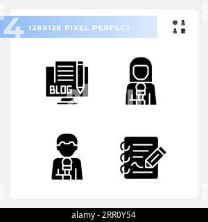 Pixel perfect glyph style journalism black icons set Stock Vector