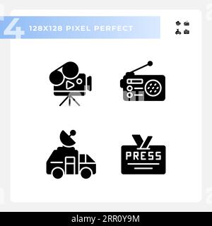 2D pixel perfect journalism black icons set Stock Vector