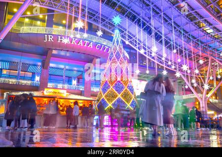 Fukuoka, Japan - Nov 29 2022: Fukuoka Christmas Market and Illuminations at the JR Hakata station is one of the biggest Christmas markets in Japan. Stock Photo