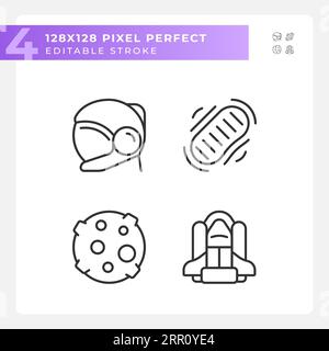 Moon landing pixel perfect linear icons set Stock Vector