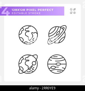 Planets pixel perfect linear icons set Stock Vector