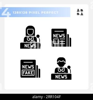 Pixel perfect glyph style journalism icons Stock Vector