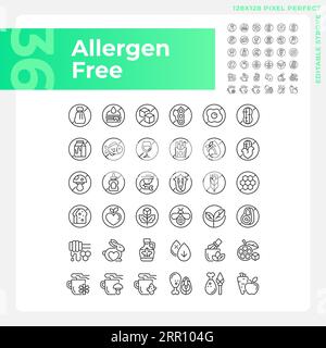 Customizable pixel perfect black allergen free icons set Stock Vector