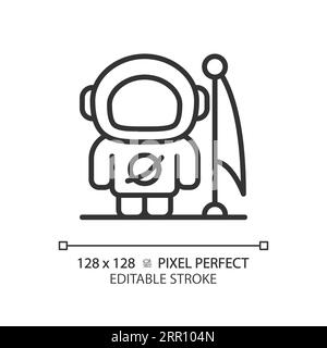 Man on moon pixel perfect linear icon Stock Vector